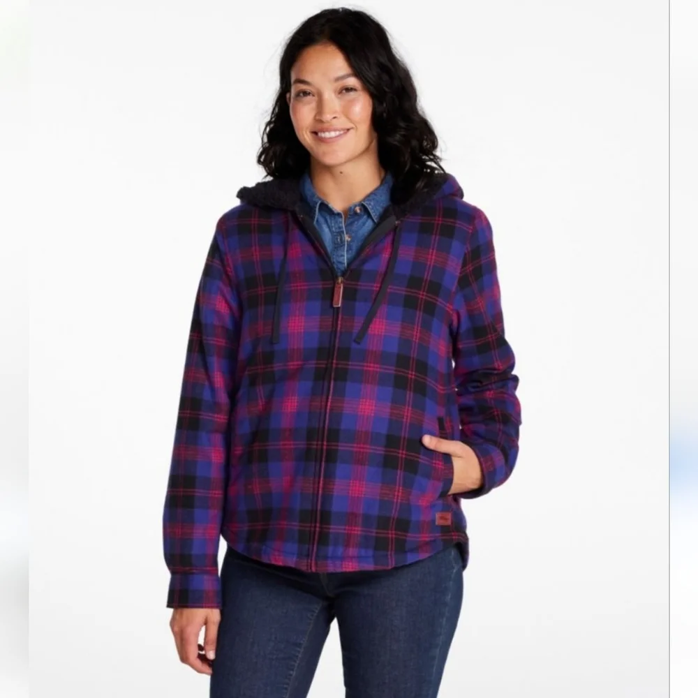 L.L. Bean Women's Scotch Plaid Flannel Zip Up Hoodie Relaxed Fit Size Large - Picture 2 of 11